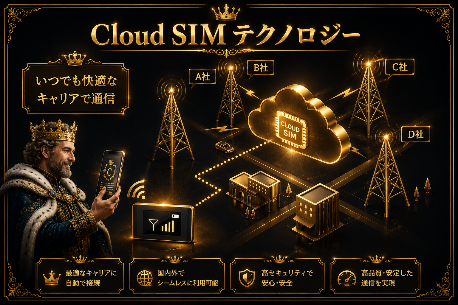 クラウドSIMの仕組み：ルーターが位置情報を送信し、クラウドSIMサーバーが最適なキャリア回線を自動選択